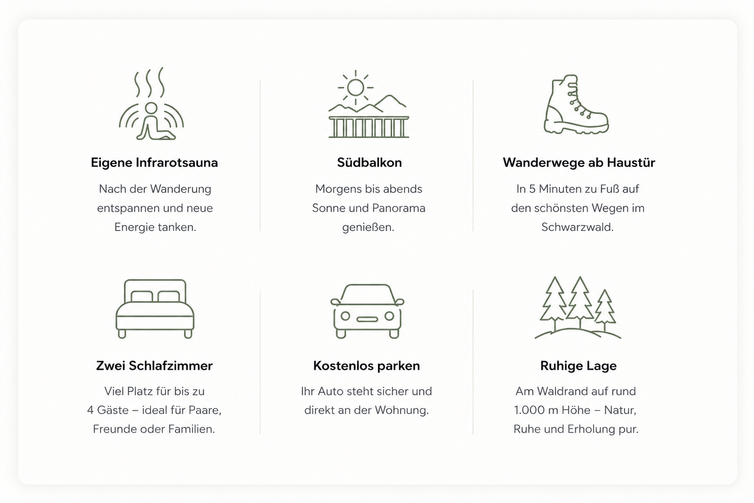 Ausstattung der Ferienwohnung Sonnenseite in Schonach mit Infrarotsauna, Südbalkon, zwei Schlafzimmern, kostenlosen Parkplätzen und Wanderwegen im Schwarzwald.